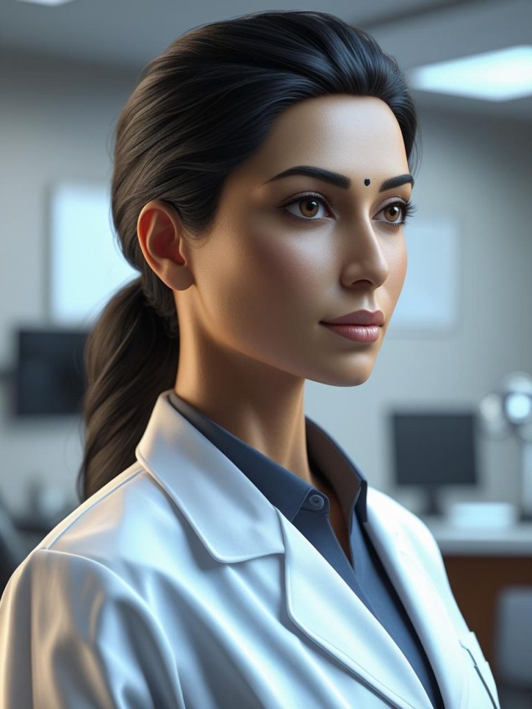 genrate profile images for realistic female eye surgeon with fair indian skin tone posing formally (2)