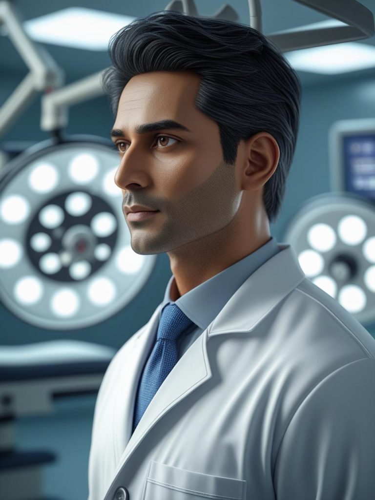 genrate profile images for realistic male eye surgeon with fair indian skin tone posing formally